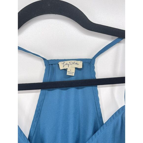 Lily White Cami Top Chiffon Wrap High Low Navy Blue Camisole Women's Sz L Blouse - Picture 6 of 8